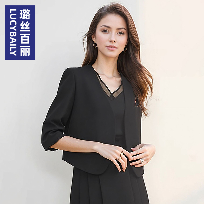 璐丝百丽2025新款女士无领七分袖时尚外套百搭上衣职业通勤OL
