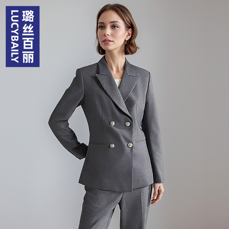 璐丝百丽灰色正装西装套装女春秋季工作职业装面试小个子西服外套
