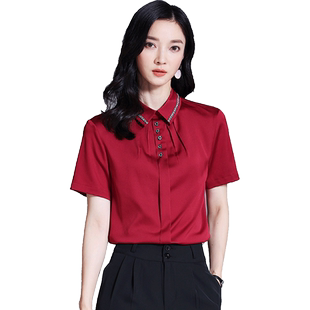 璐丝百丽枣红色雪纺衫女夏短袖2026新款衬衣洋气小衫高端职业上衣