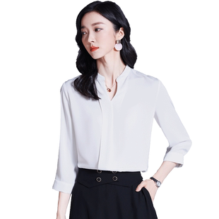 璐丝百丽白色雪纺衫女七分袖夏洋气高端职业中袖衬衣气质v领上衣