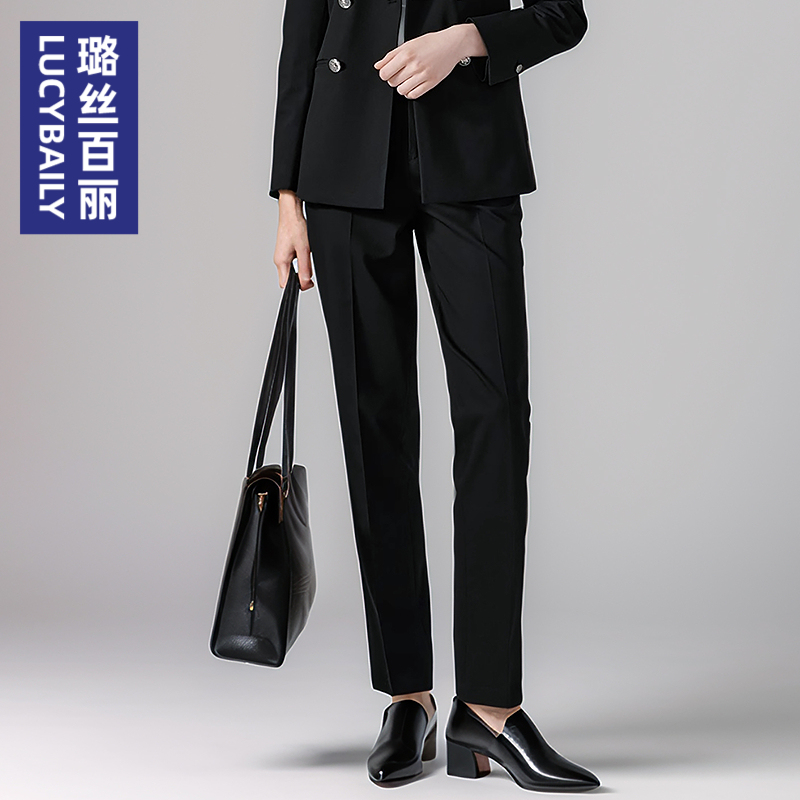 璐丝百丽西装裤女面试烟管裤直筒显瘦通勤黑色职业上班休闲裤子