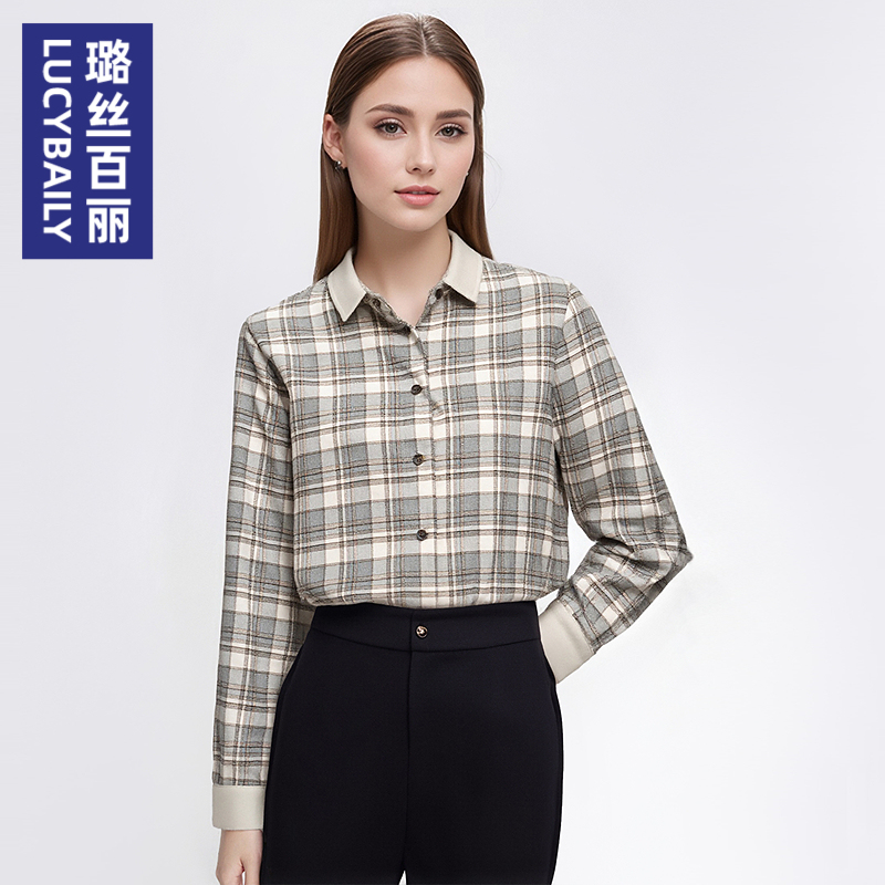 2025新款春秋女士长袖衬衣职业通勤OL简约时尚格子衬衫上衣百搭
