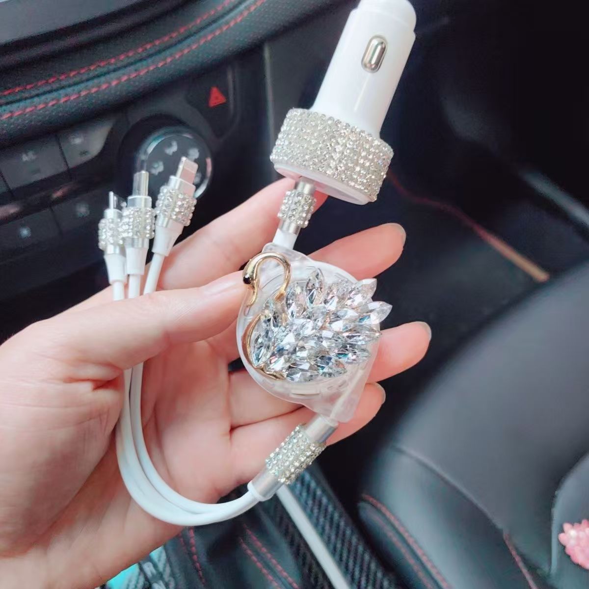 镶钻车载充电器接头三合一充电线多口快充点烟器天鹅usb闪充通用