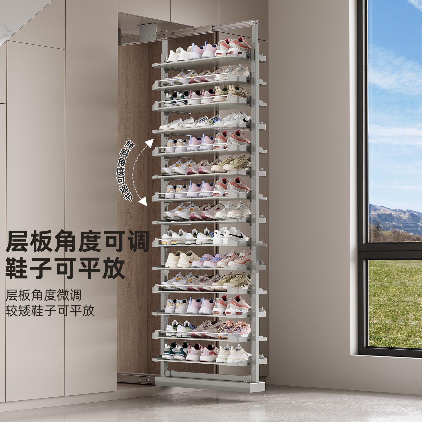 抽拉鞋架楼梯柜推拉大容量伸缩式柜鞋子收纳鞋柜内置多层鞋架轨道