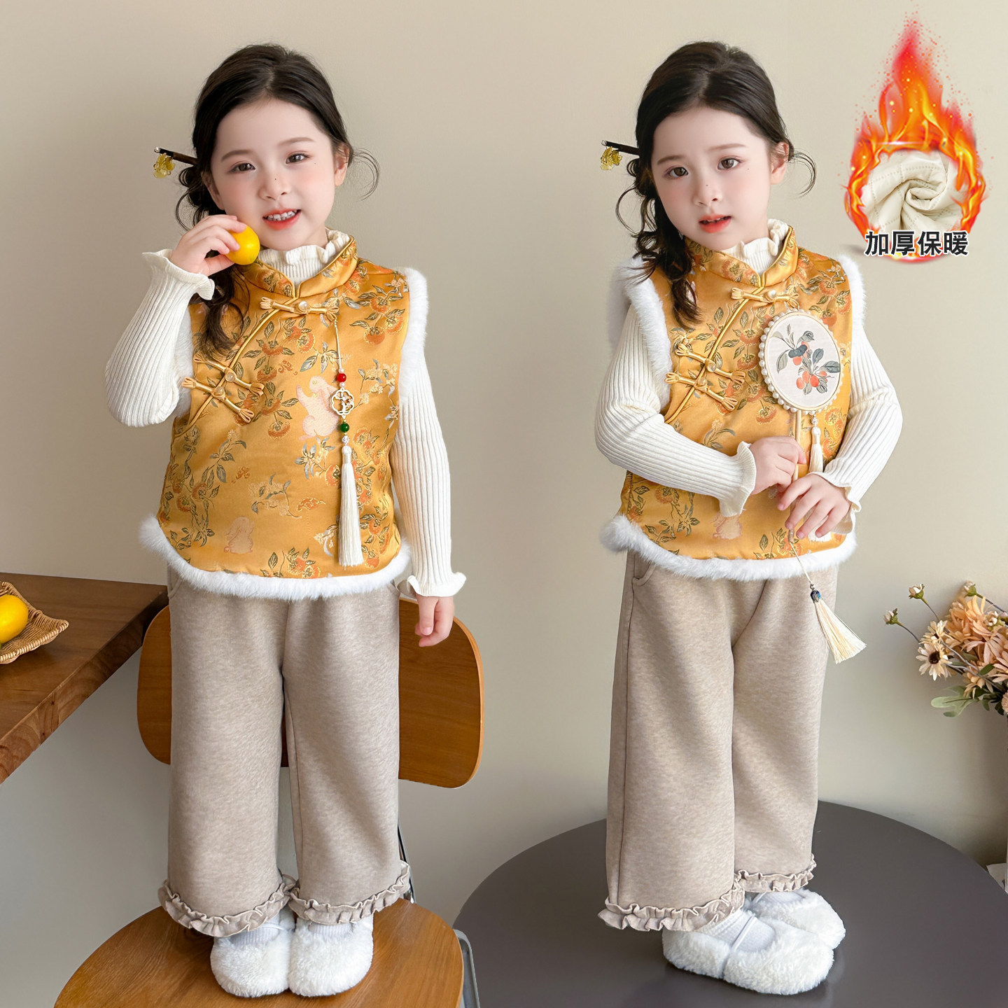 国风拜年服女童唐装马甲秋冬季三件套儿童过年衣服小女孩加厚汉服