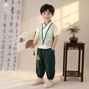日常可穿汉服男童夏季薄款儿童唐装短袖长裤套装国风小少爷新中式