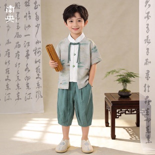 日常可穿汉服男童夏季薄款儿童唐装短袖套装宝宝国风小男孩新中式