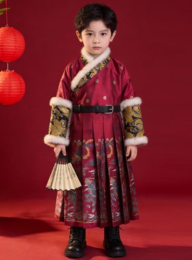 儿童明制汉服男童飞鱼服加绒拜年服秋冬男孩红色新年装明朝锦衣卫