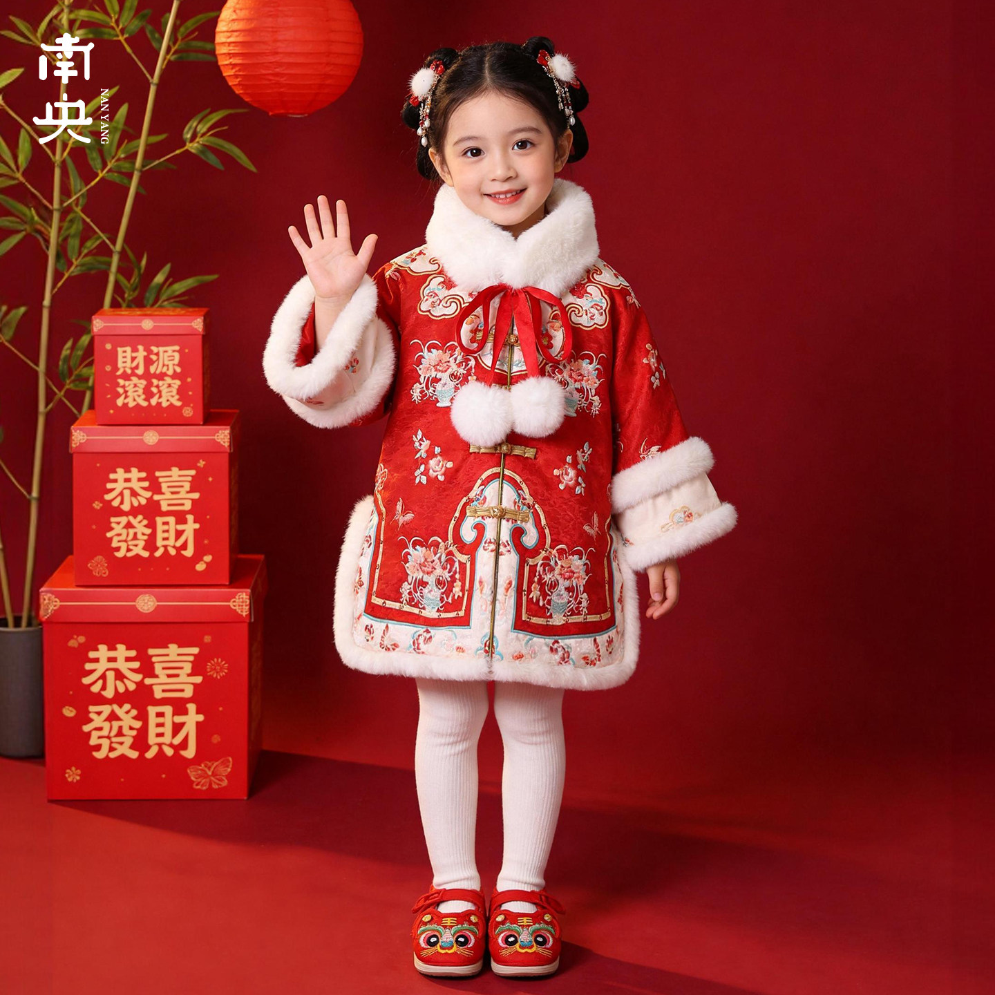 宝宝汉服棉袄唐装拜年服春节女童夹棉加厚红色中长款棉衣过年衣服