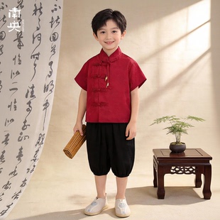 日常可穿汉服男童短袖红色套装夏季薄款儿童唐装宝宝周岁礼服六一