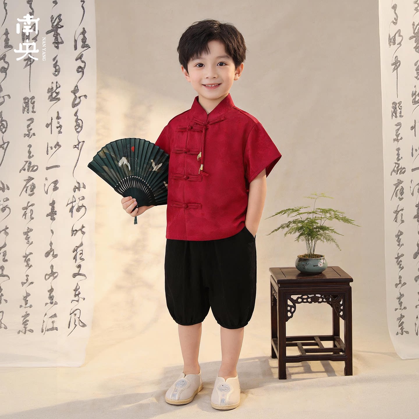 六一端午汉服男童红色唐装夏季薄图片