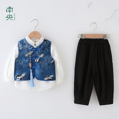 国风男童汉服春季套装宝宝新中式马甲儿童唐装秋款男孩古风三件套 - 封面