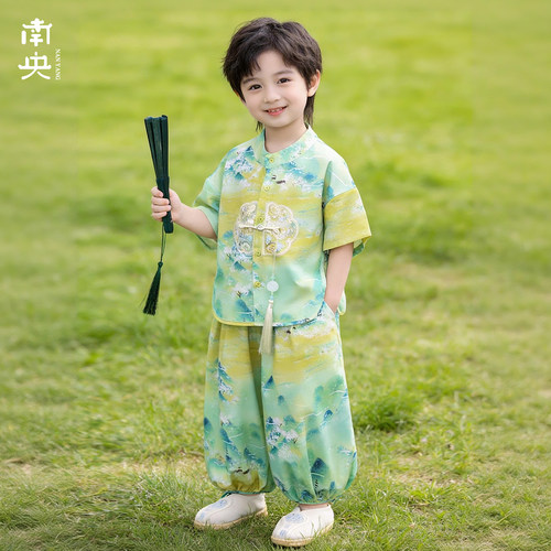 日常汉服男童短袖套装夏季薄款