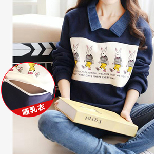 产后哺乳衣外出春秋辣妈款纯棉长袖上衣潮妈外穿喂奶衣服卡通卫衣