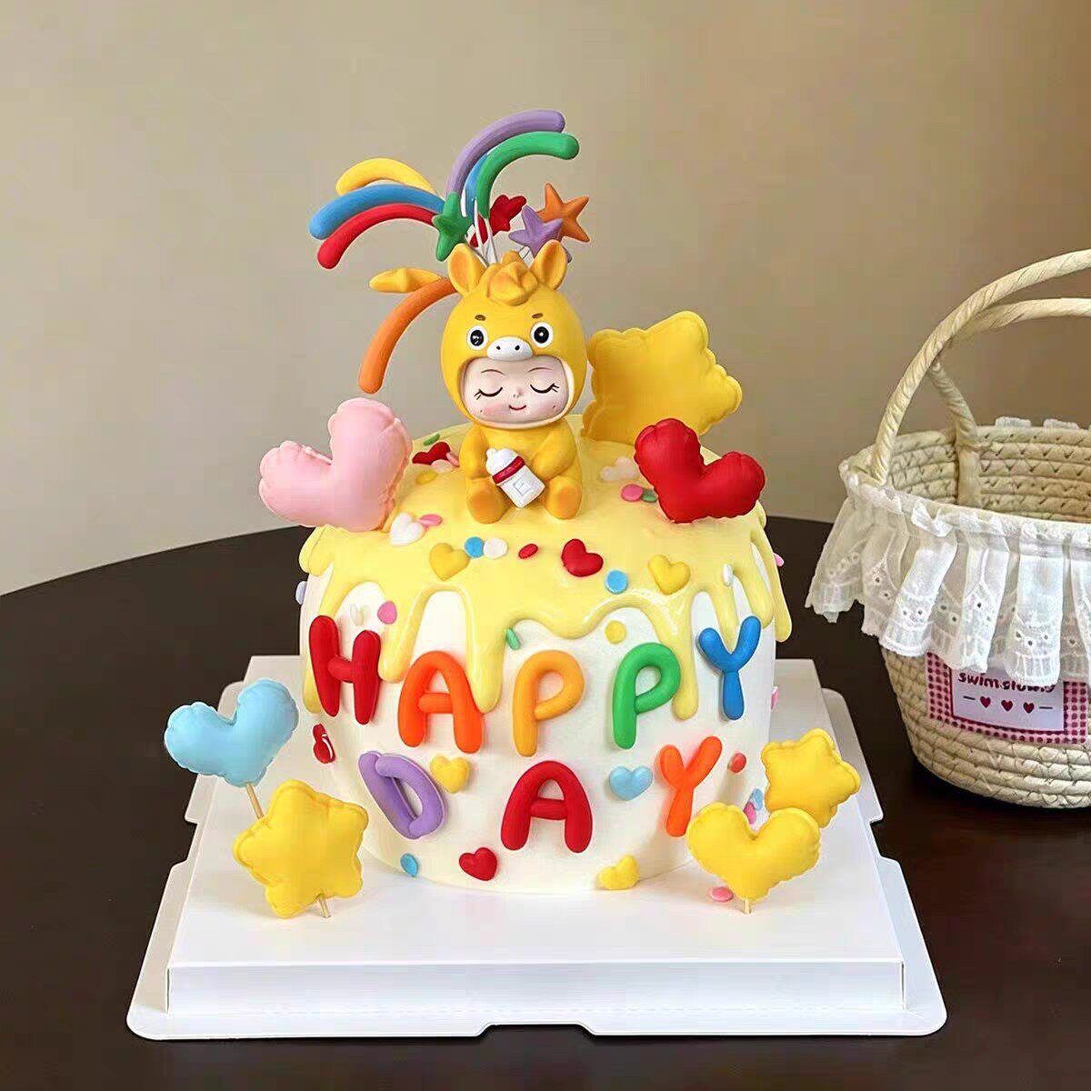 儿童周岁派对甜品台奶瓶马宝宝生日蛋糕装饰彩色字母HB礼花插件