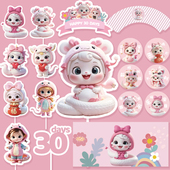 蛇年粉色蛇宝宝甜品台装 饰品蛋糕插件推推乐满月百天插牌周岁贴纸