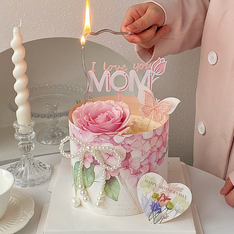 微甜同款母亲节蛋糕装饰围边简约粉色印花围边亚克力MOM蛋糕插件