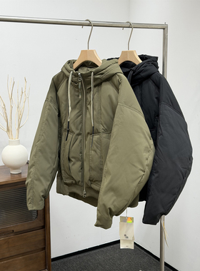 日系工装连帽加厚保暖90白鸭绒羽绒服男女通用廓形军绿色户外外套