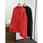 潮牌重磅加厚500g长袖 卫衣男女通用红色纯棉扎染拼接圆领高级感T