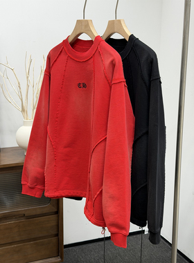 潮牌重磅加厚500g长袖卫衣男女通用红色纯棉扎染拼接圆领高级感T