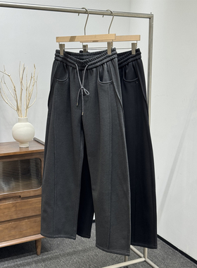 冬季新款加绒加厚羊毛裤男宽松直筒长裤灰色复古高级老钱风休闲裤