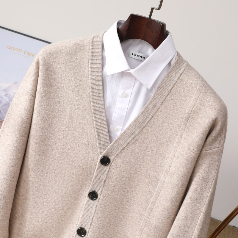 100%纯羊毛衫男开衫V领纯色商务休闲外套宽松毛衣针织衫长袖上衣