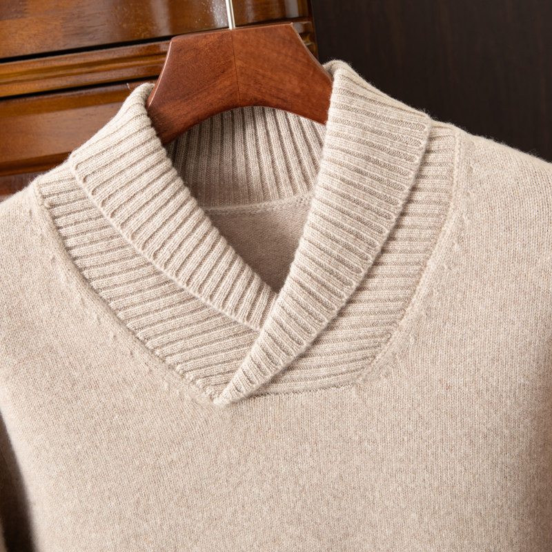 秋冬新款100%纯羊毛衫男士青果领加厚毛衣红色针织打底羊绒衫商务