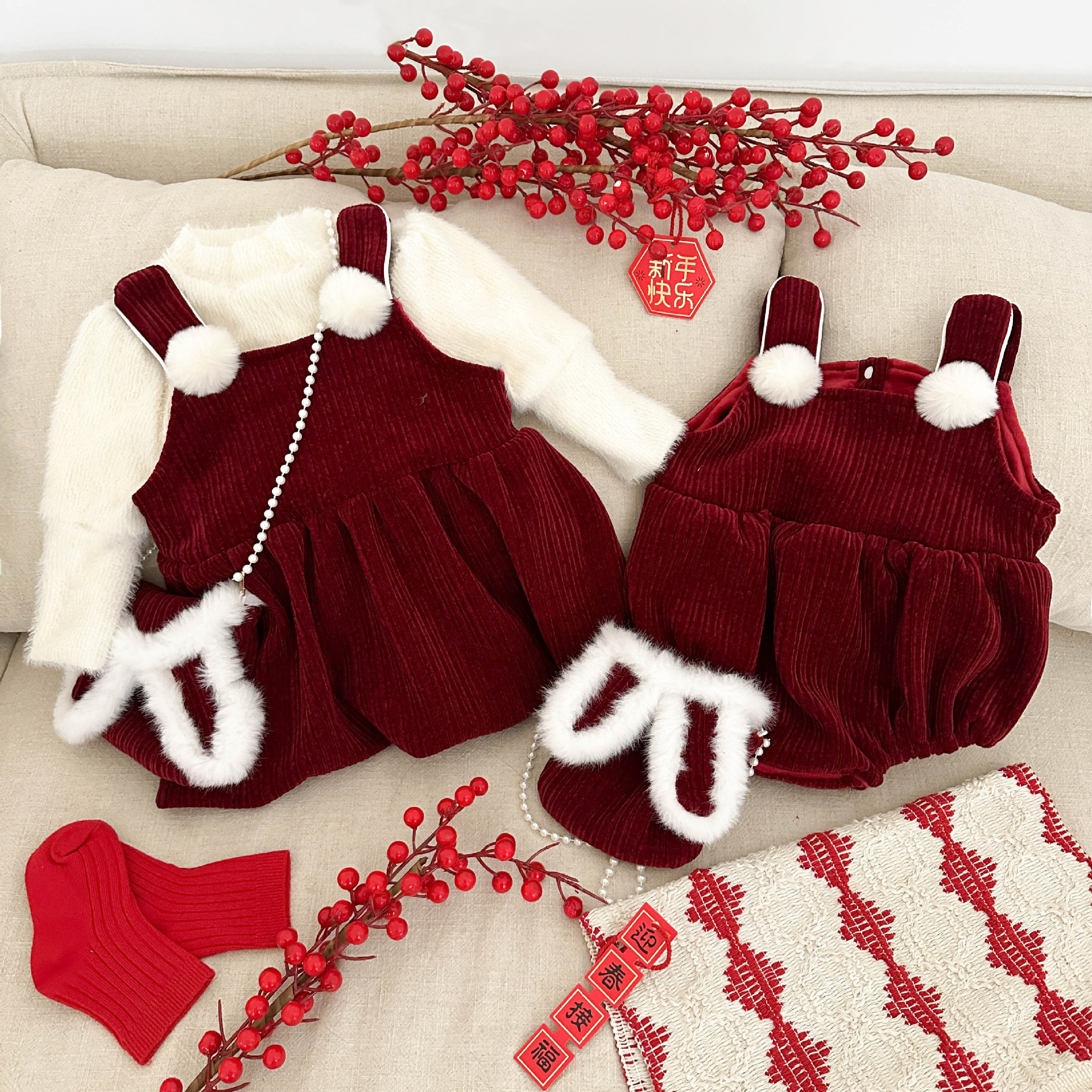 周岁女宝宝礼服过年加绒套装背带裙秋冬婴儿衣服公主童装女装一岁