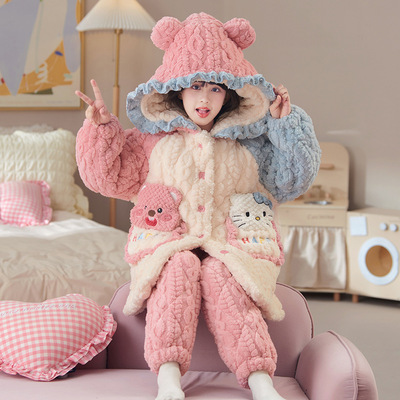 儿童家居服女款2025新款冬加厚女童夹棉三层可外穿法兰绒睡衣大童