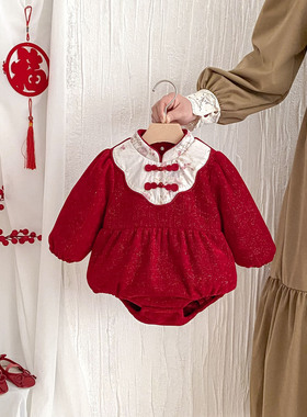 婴儿秋冬季衣服加绒女宝宝连体包屁衣红色满月百天周岁礼服过年