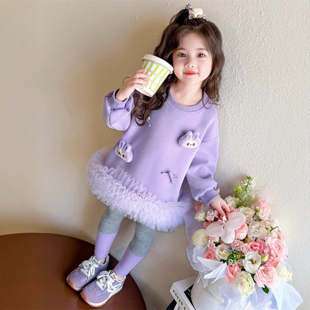 2026超火女童装套装洋气女宝小公主紫卫衣中长款秋装打底裤两件套