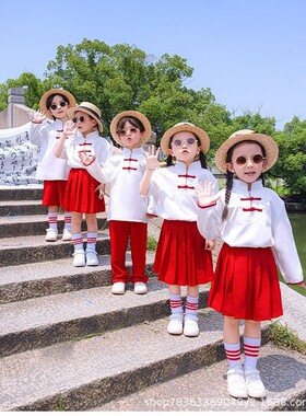 儿童中国风演出服套装幼儿园合唱表演服男女童红色汉服班服六一国