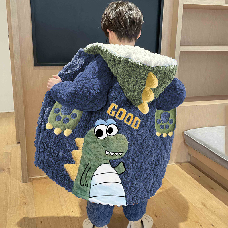 冬季男童三层夹棉中长款法兰绒卡通家居服加厚珊瑚绒儿童睡衣套装