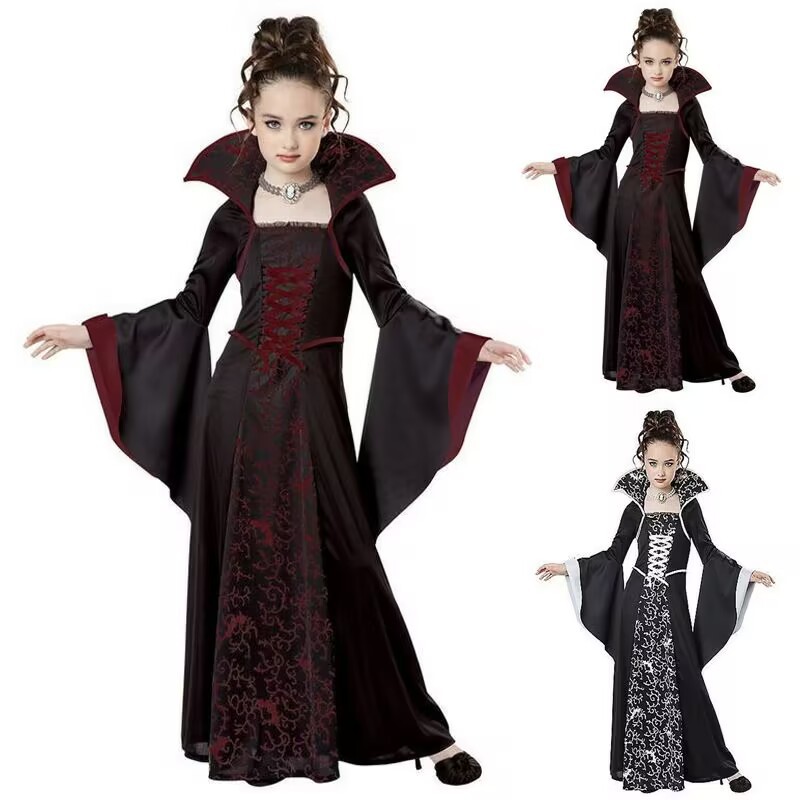 欧美新款万圣节儿童服装女巫服中世纪复古系带立领喇叭袖印花