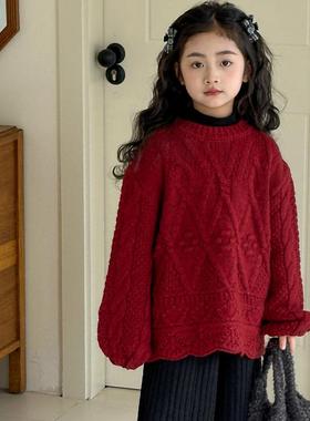 女童毛衣圣诞新年款2025冬季新款儿童红色上衣亲子套头洋气针织衫