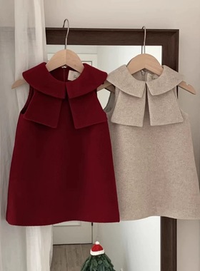 圣诞新年服女童连衣裙冬季女宝宝红色蝴蝶结毛呢小香风生日背心裙