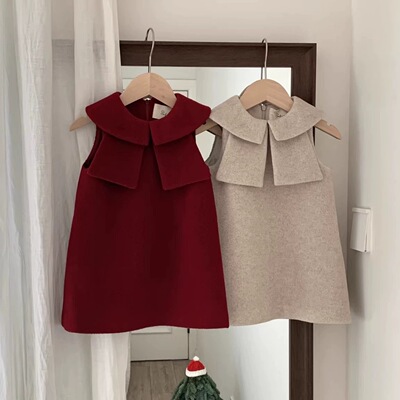 圣诞新年服女童连衣裙冬季女宝宝红色蝴蝶结毛呢小香风生日背心裙