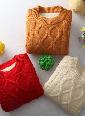 男孩超好看毛衣红色儿童秋冬新款童装加绒加厚女童宝宝套头针织衫
