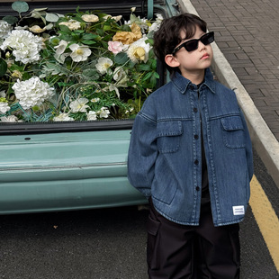 男童韩系穿搭冬款韩版贴标中大童外套帅气翻领加绒牛仔儿童衬衫潮