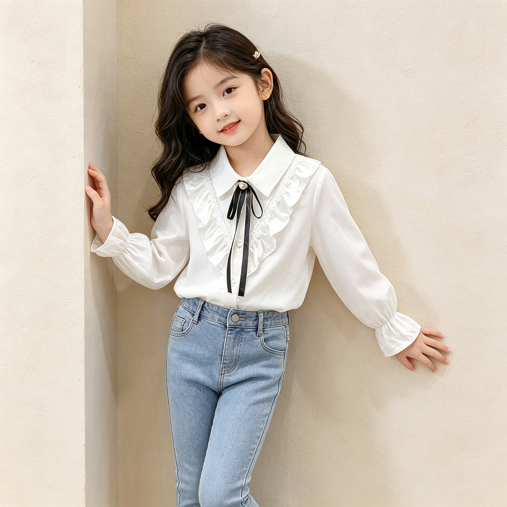 儿童衬衫春秋雪纺2026新款洋气白色衬衣宝宝上衣学院女童打底衫