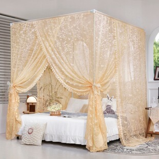 法式宫廷豪华落地提花蚊帐家用外穿杆三开门蕾丝四柱床幔加厚支架