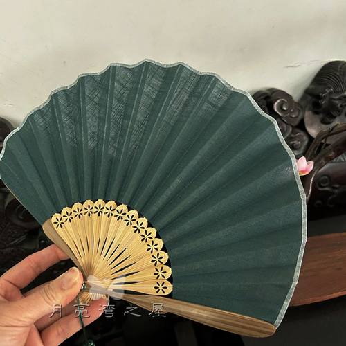 棉布孔雀蓝贝壳女扇日用折扇