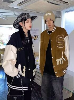 美式复古风撞色数字刺绣棒球服男