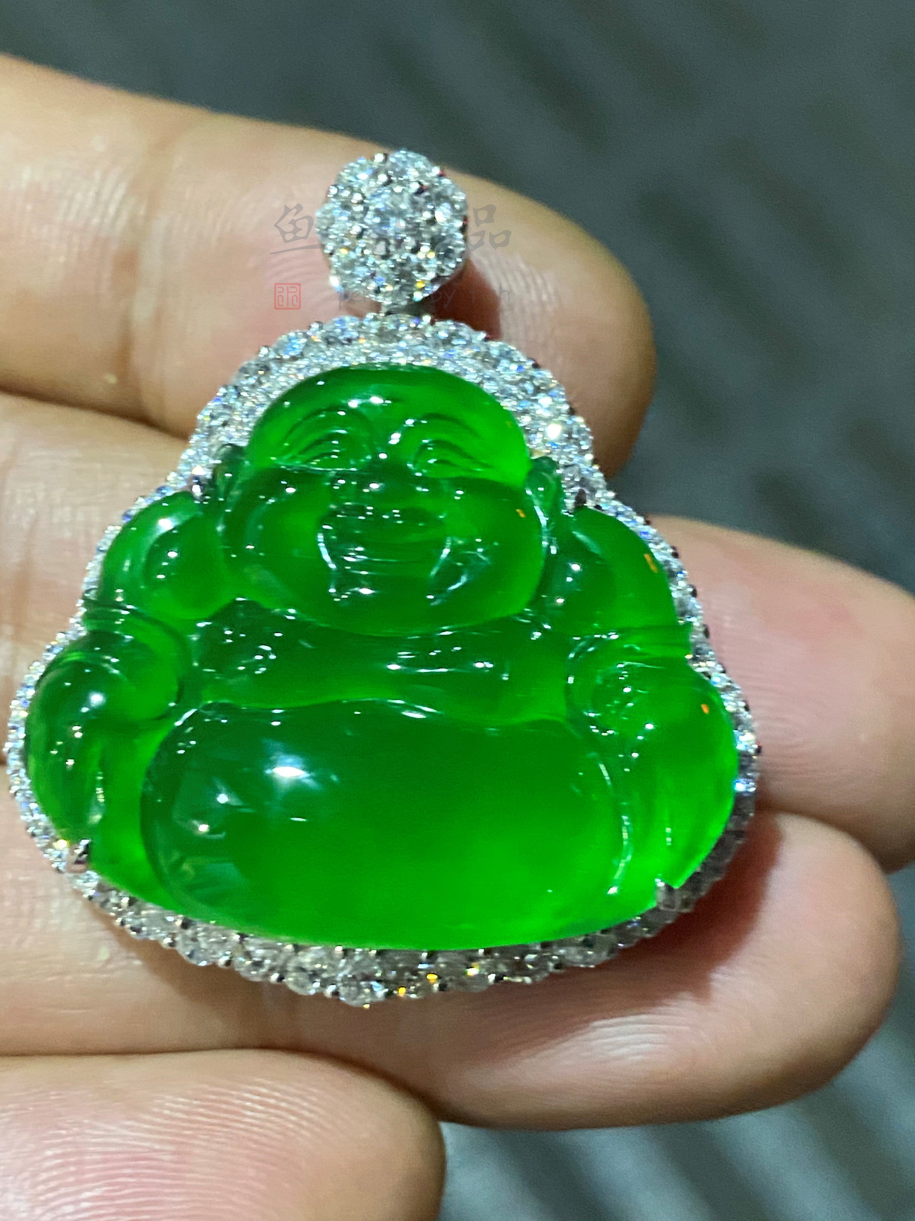 小河玉器翡翠a货木那玻璃种帝王绿佛公(客订出货)