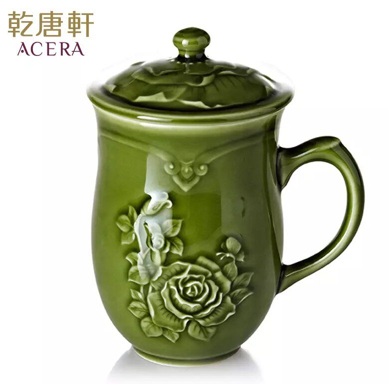 乾唐轩活瓷 月季高杯石榴办公杯带手柄带盖茶水杯子创意礼品热卖