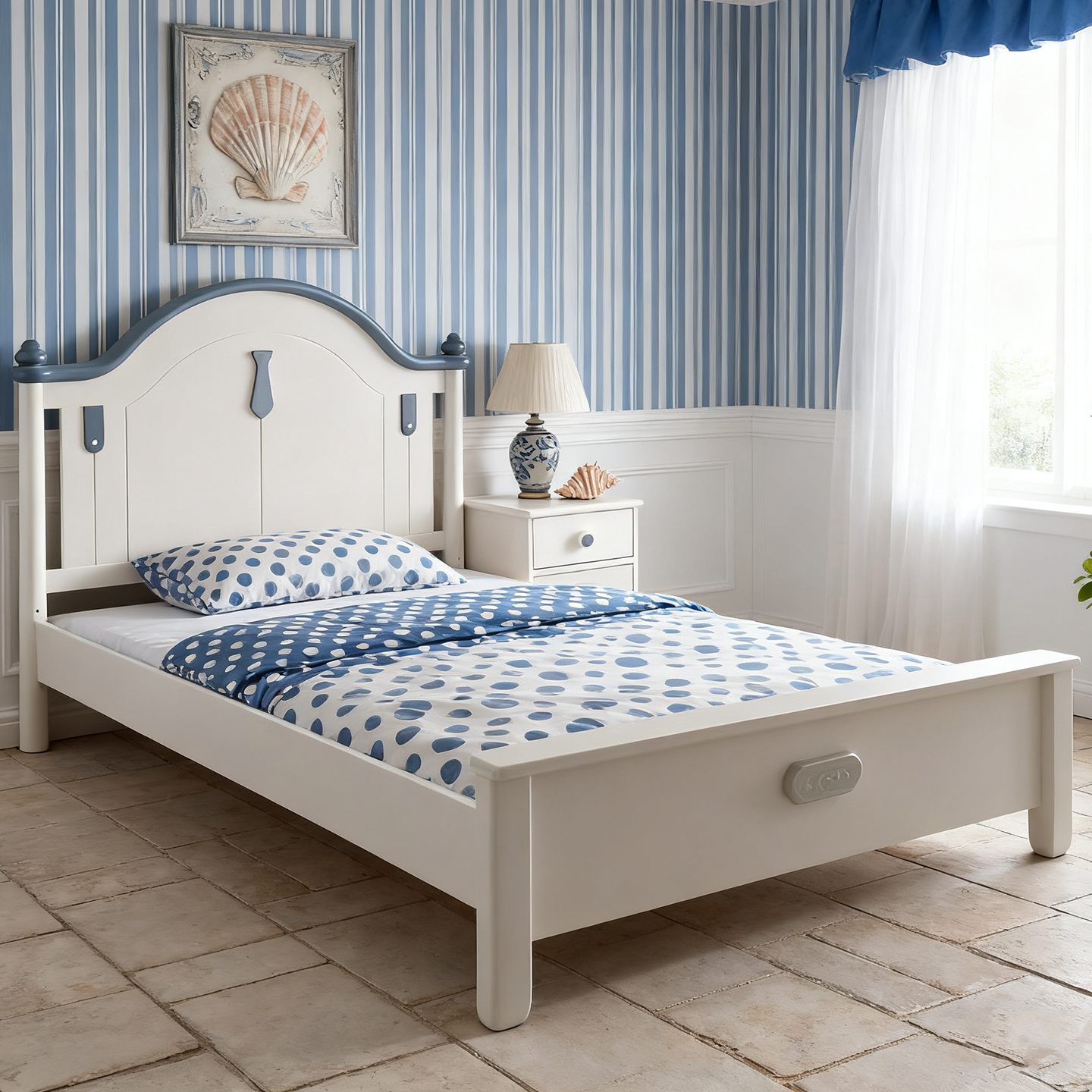 纯实木地中海风奶油风儿童床男孩简约现代蓝色王子1.5米