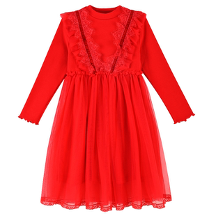 铅笔俱乐部童装2025春秋新款女童连衣裙中大童假两件网纱拼接裙子