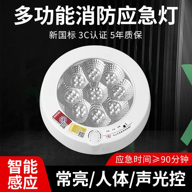 圆形照明吸顶灯感应灯楼道家用商场声光控停电照明消防应急新国标
