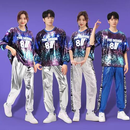 新款广场舞服装男女成人套装爵士舞舞蹈服啦啦队现代舞亮片演出服