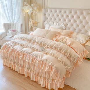 法式全棉床裙四件套夹棉床罩荷叶花边纯棉被罩床品套件轻奢公主风